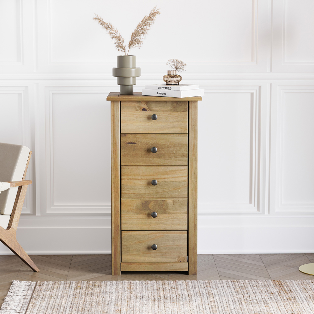 Vida Designs Panama 5 Drawer Pine Narrow Chest of Drawers Image 3