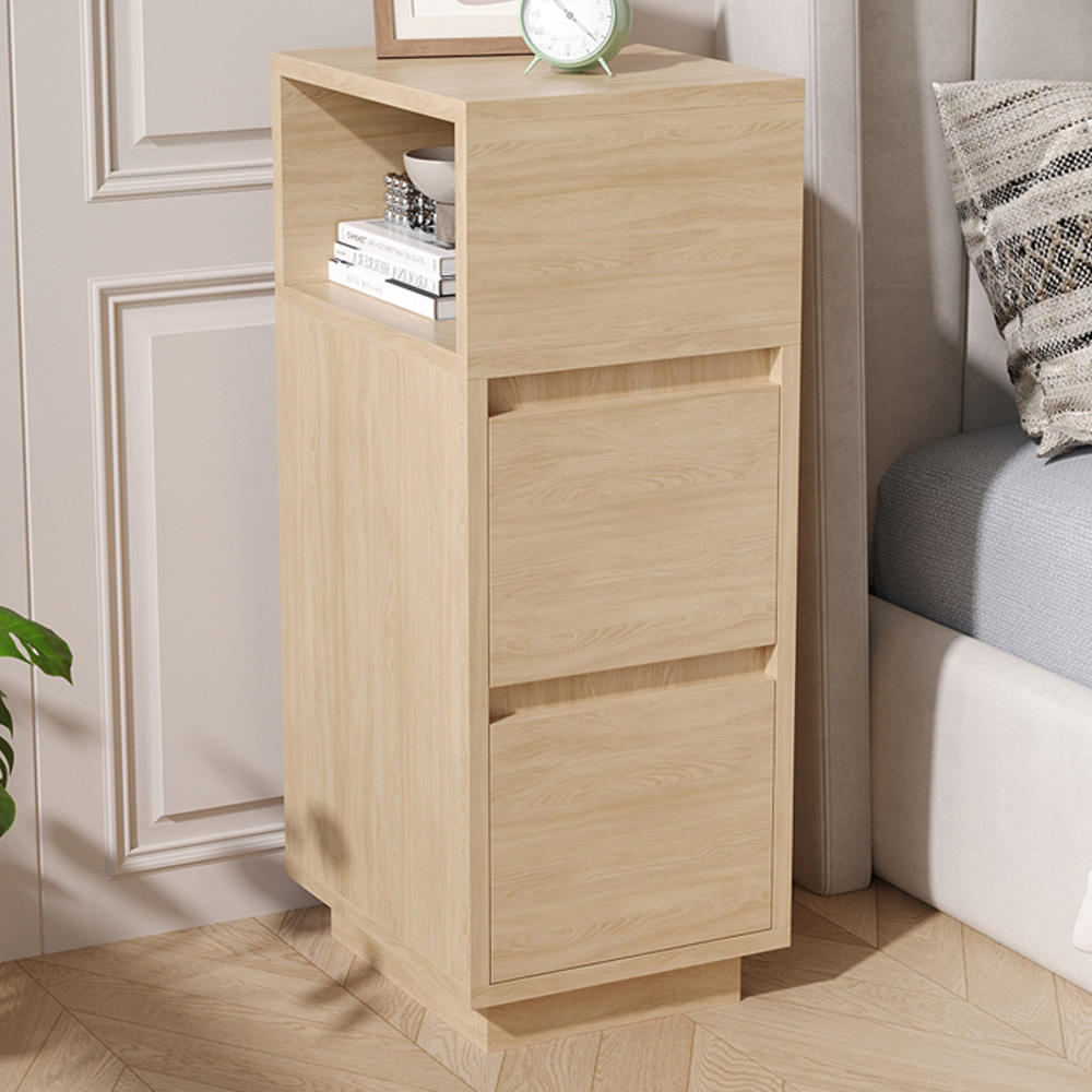 Living and Home 2 Drawer Single Shelf Wood Colour Minimalist Bedside Table Image 1