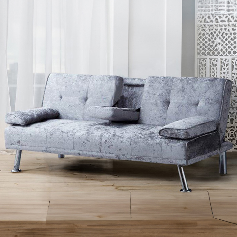 Brooklyn 2 Seater Steel Crushed Velvet Italian Sofa Bed with Cup Holder Image 1
