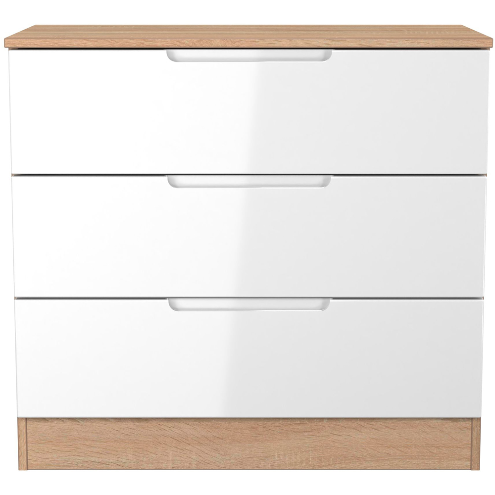Crowndale Milan 3 Drawer White Gloss and Bardolino Oak Chest of Drawers Ready Assembled Image 3