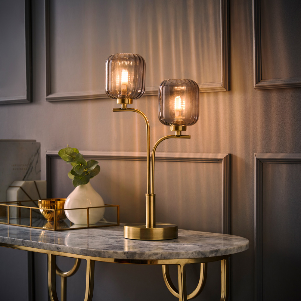 ValueLights Amelie 2 Way Ribbed Glass Gold Stem LED Table Lamp Image 6