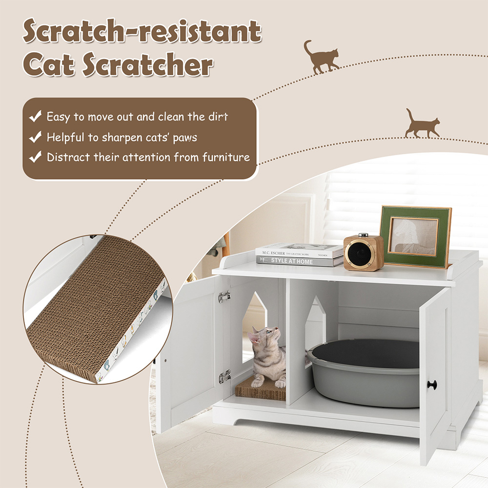 Costway White Cat Litter Box Enclosure with Scratching Pad Image 6