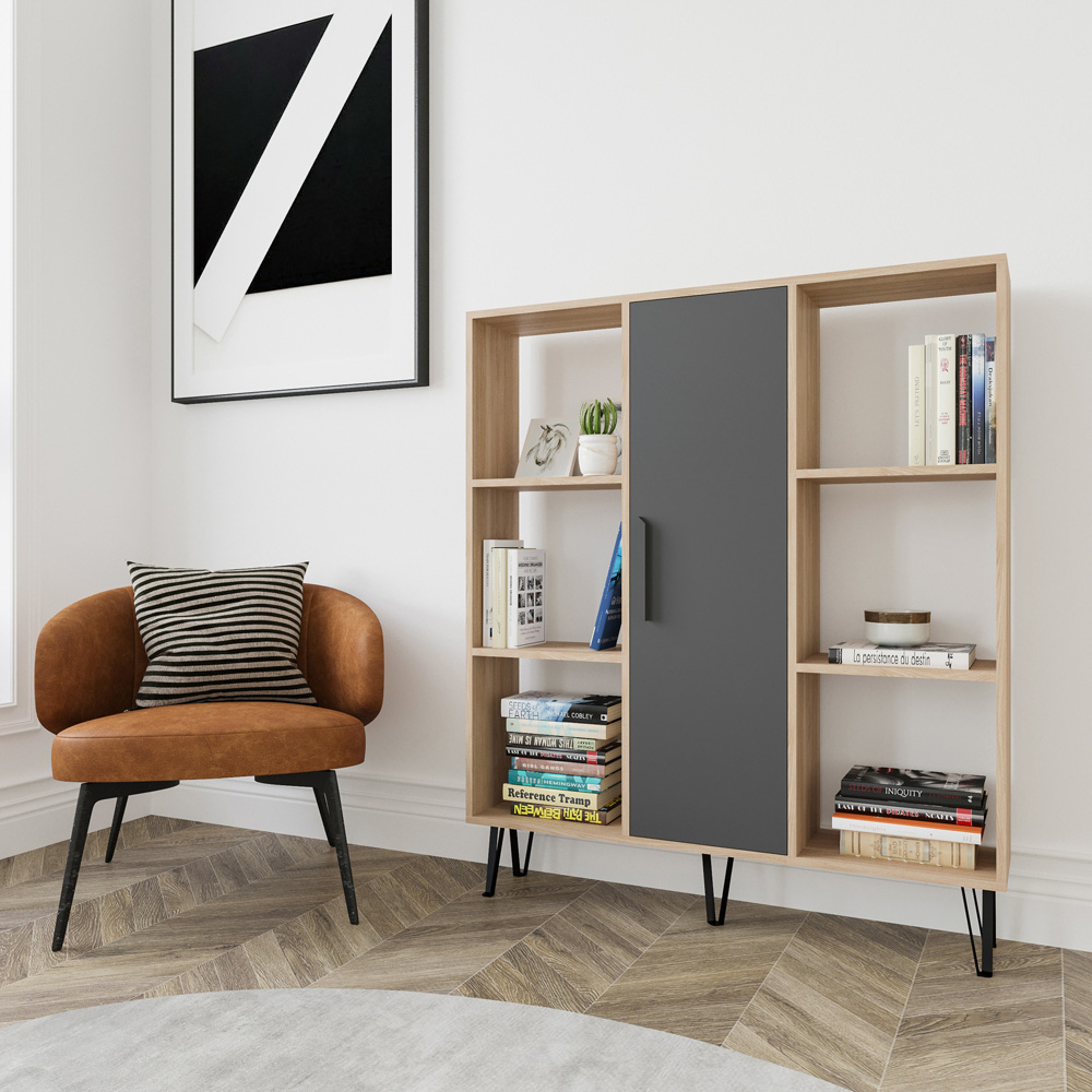 Decorotika Peoria Single Door 6 Shelf Oak and Anthracite Bookcase Image 3
