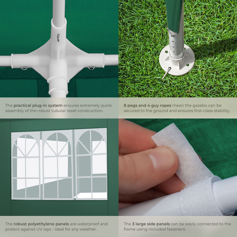 tectake Barinas 3 x 3m Green Water Resistant Gazebo with 3 Side Panels Image 5