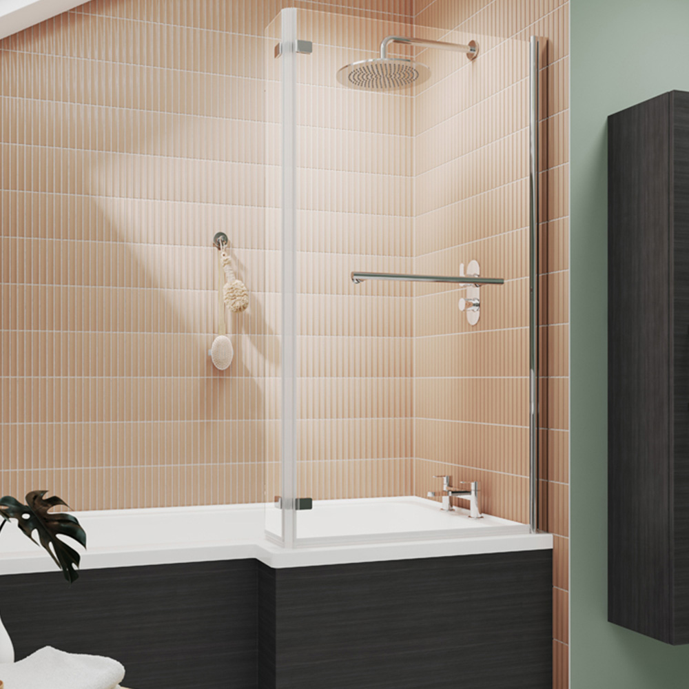 nuie Polished Chrome L-Shaped Hinged Bath Screen with Rail 6mm Image 2