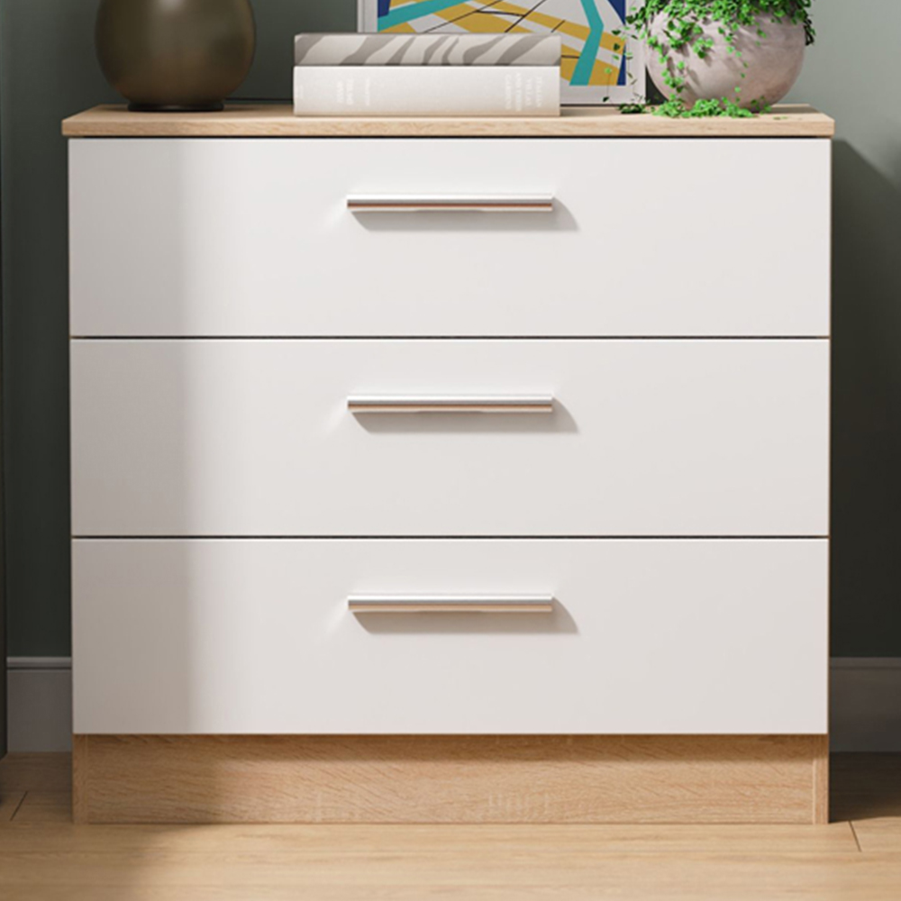 Crowndale Contrast 3 Drawer White Matt and Bardolino Oak Chest of Drawers Ready Assembled Image 1