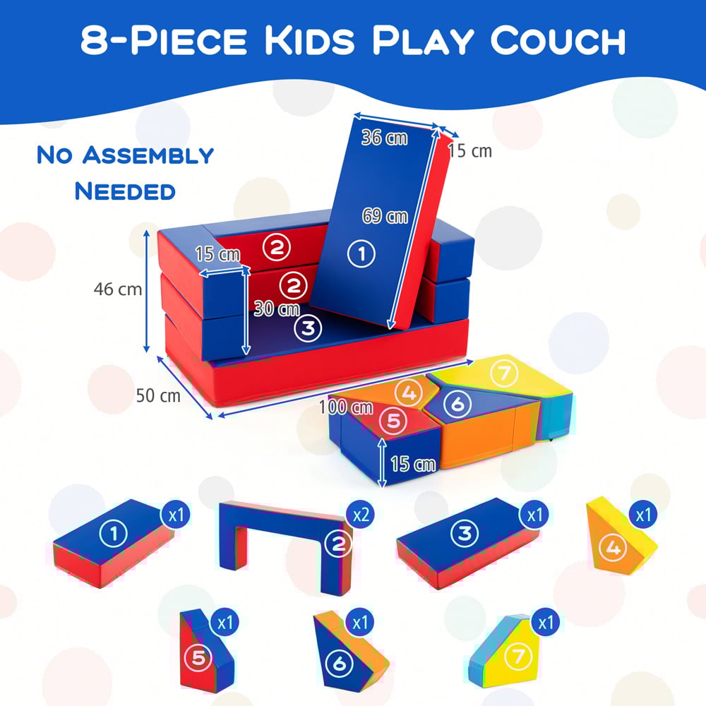 Costway Multicolour 4-in-1 Convertible Foam PU Leather Couch Play Set 8 Piece Image 8