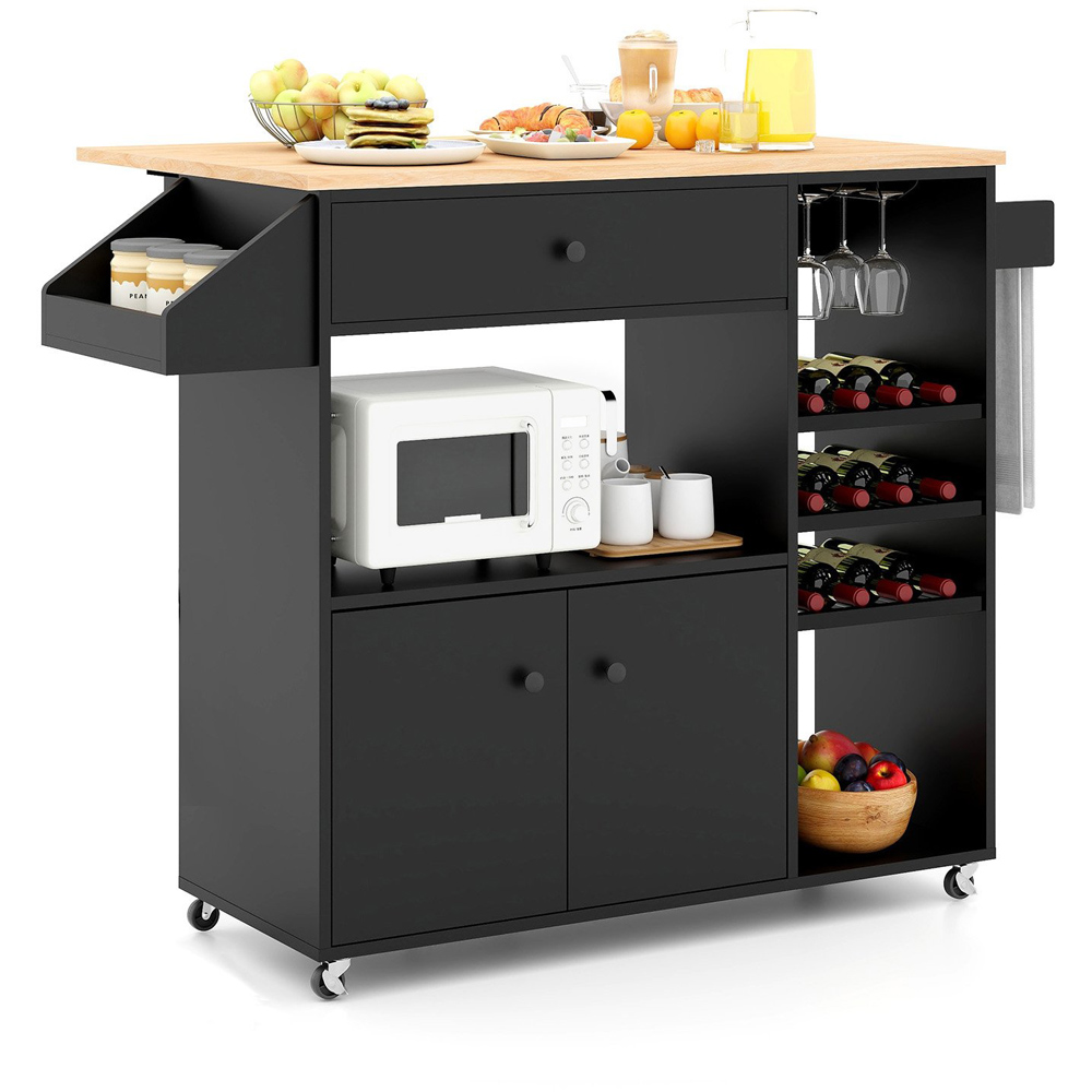 Costway 2 Door Single Drawer Black Mobile Drop Leaf Kitchen Island Cart with Wine Rack Image 3
