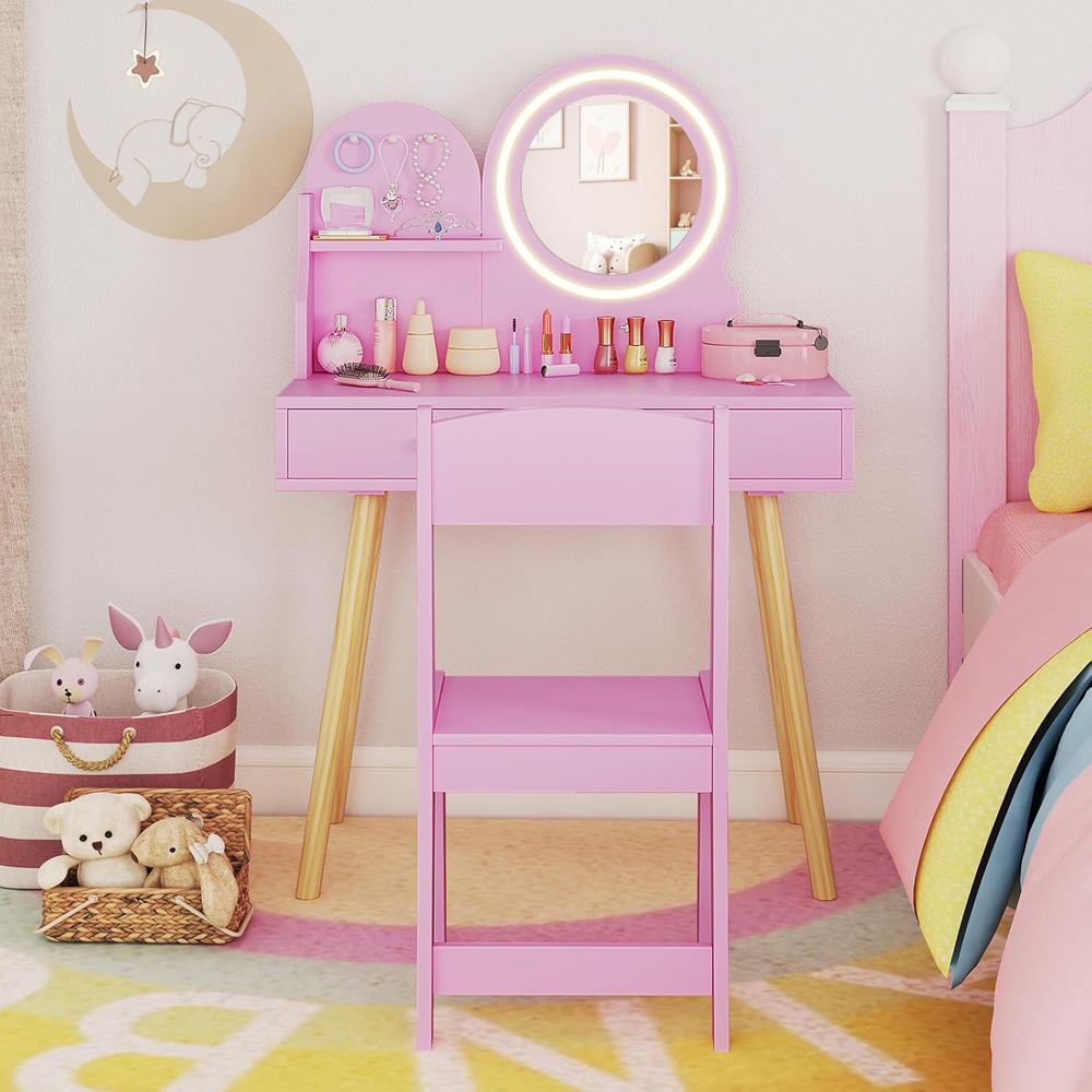 Costway 2 Drawer Pink LED Mirror Wooden Kid Vanity Set Image 3
