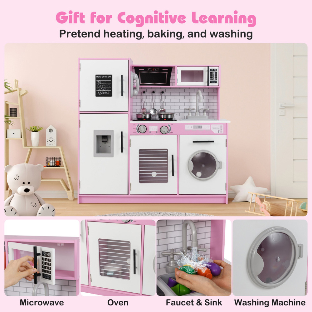 Costway Kids Pink and White Kitchen Play Set with Oven and Washing Machine Image 6