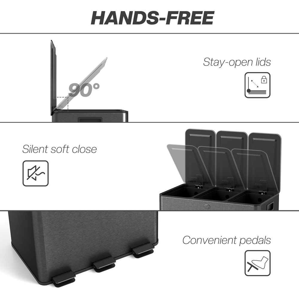 HOMCOM Triple Recycling Black Kitchen Pedal Bin 60L Image 6