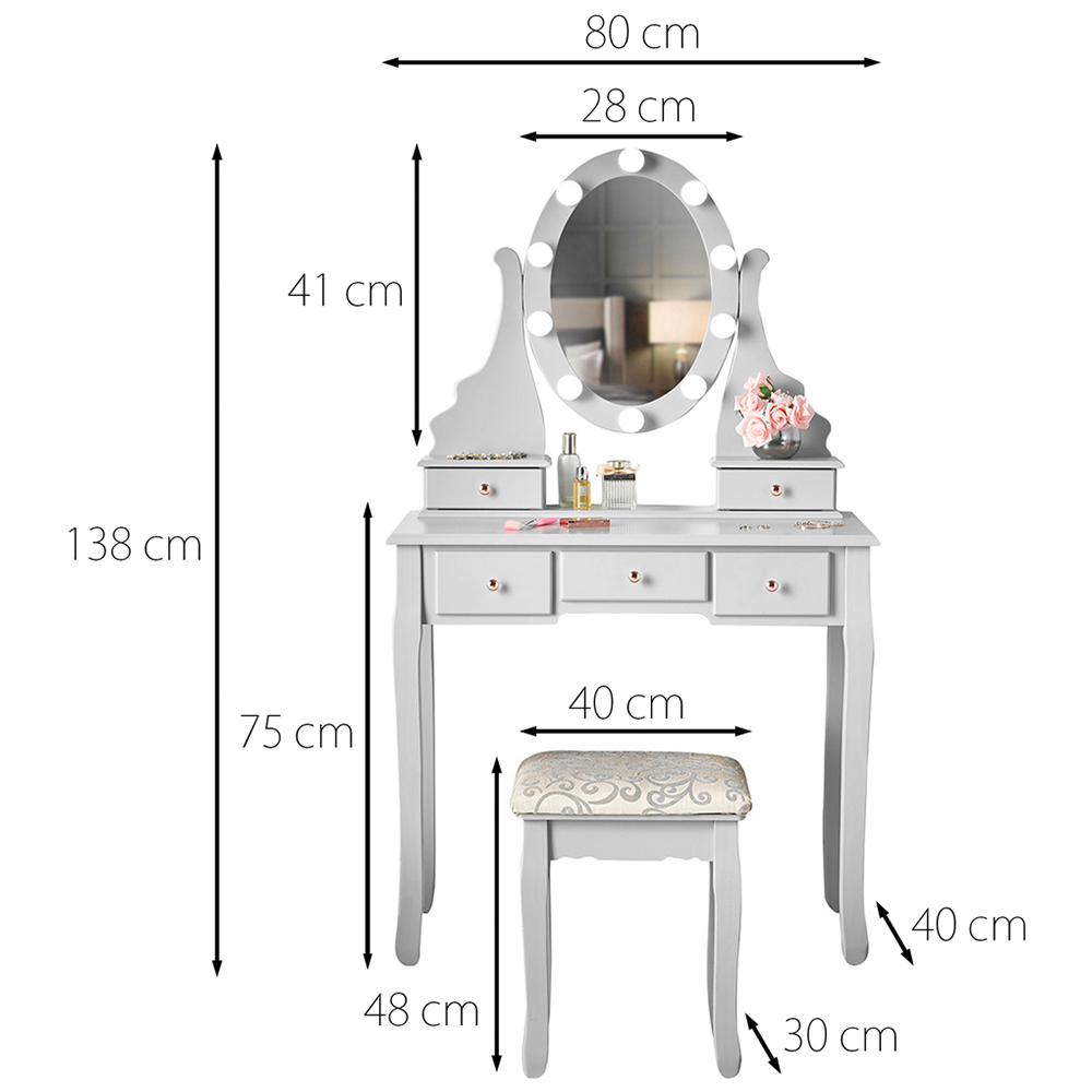 CARME Home Ruby 5 Drawer Hollywood LED Mirror Light Drawer Vanity Dresser Stool Set Image 6