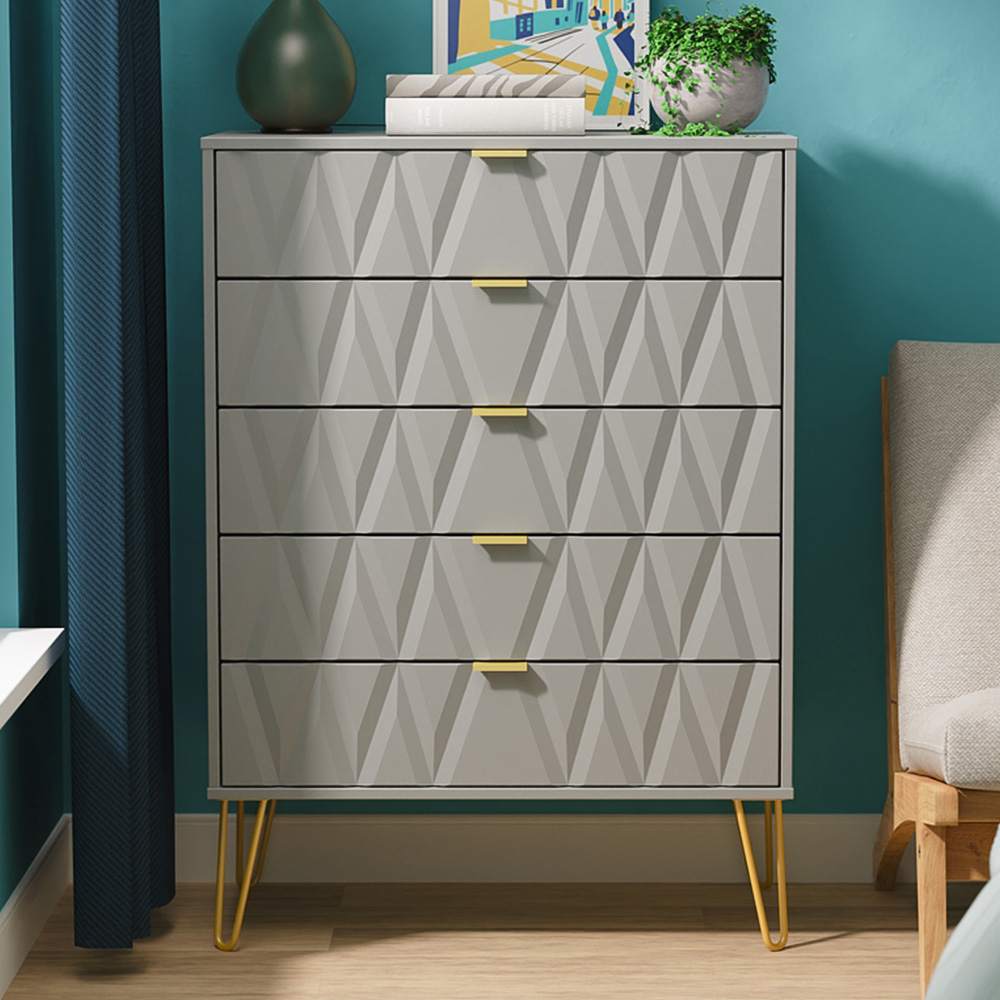 Crowndale Diamond 5 Drawer Dusk Grey Chest of Drawers Ready Assembled Image 1
