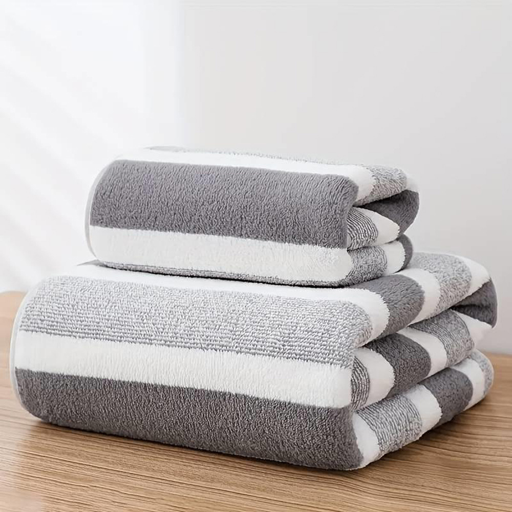 Dyzi Grey Striped Ultra Absorbent Quick Dry Hand and Bath Towel Set Image 2