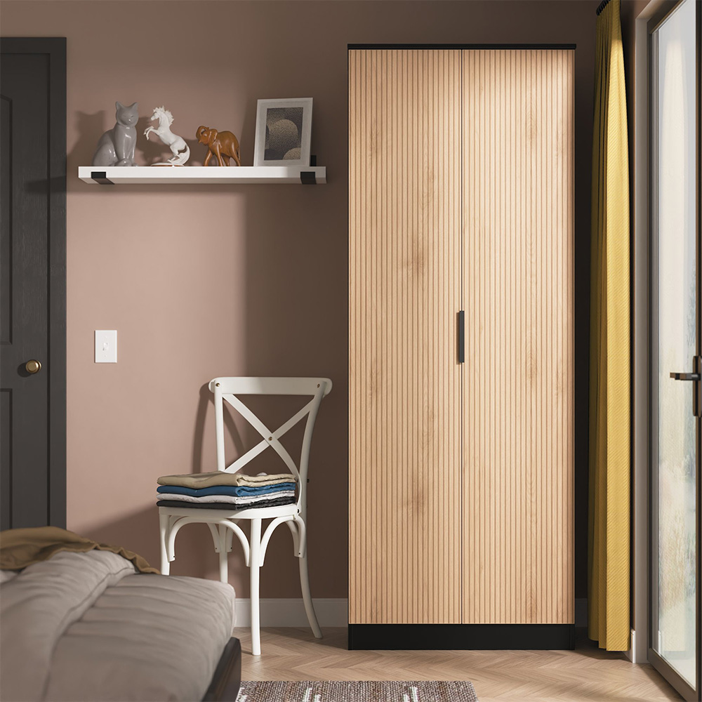 Crowndale Java 2 Door Slatt Effect and Black Tall Wardrobe Ready Assembled Image 7