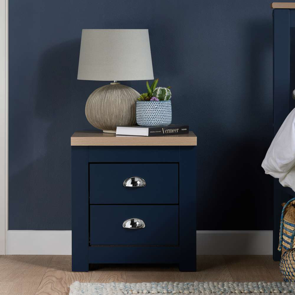 Highgate 2 Drawer Navy and Oak Bedside Table Image 5