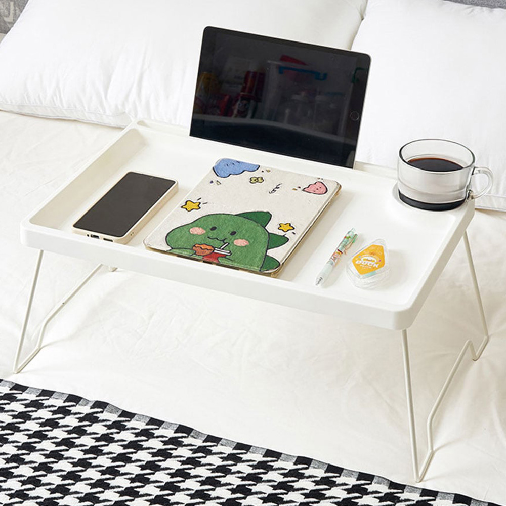 Living and Home White Foldable Bed Table with Cup Holder Image 1