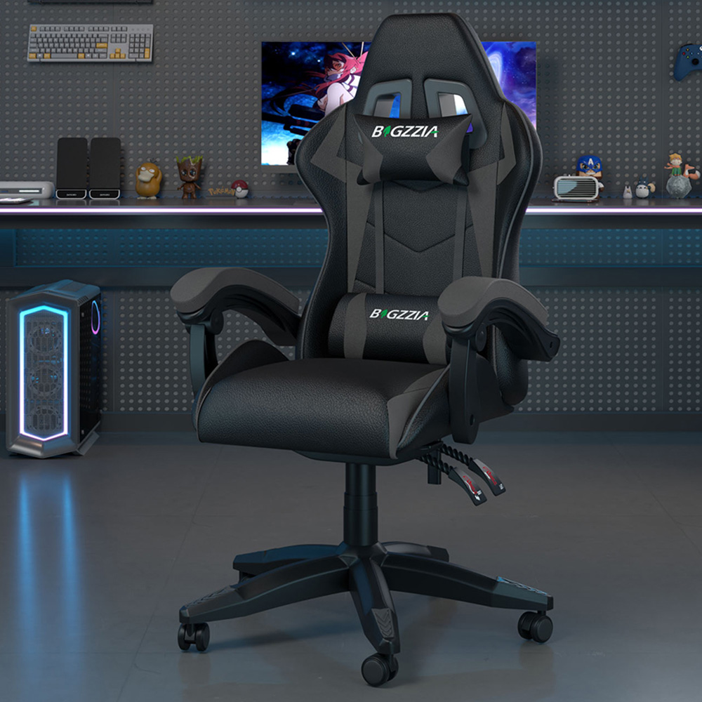 Rattrix Grey PU Leather Reclining High Back Gaming Chair with Headrest and Lumbar Support Image 1