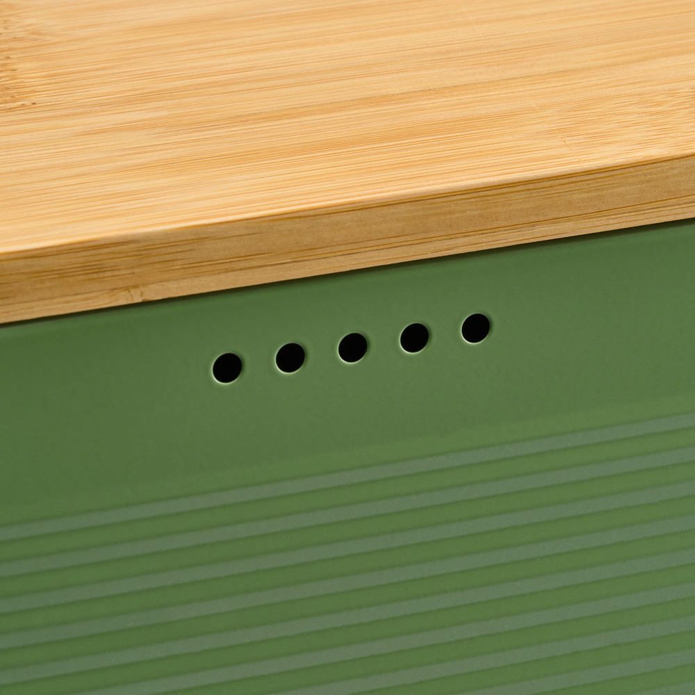 Cooks Professional Green and Silver Ribbed Bread Bin with Linen Bag and Bamboo Lid Image 5