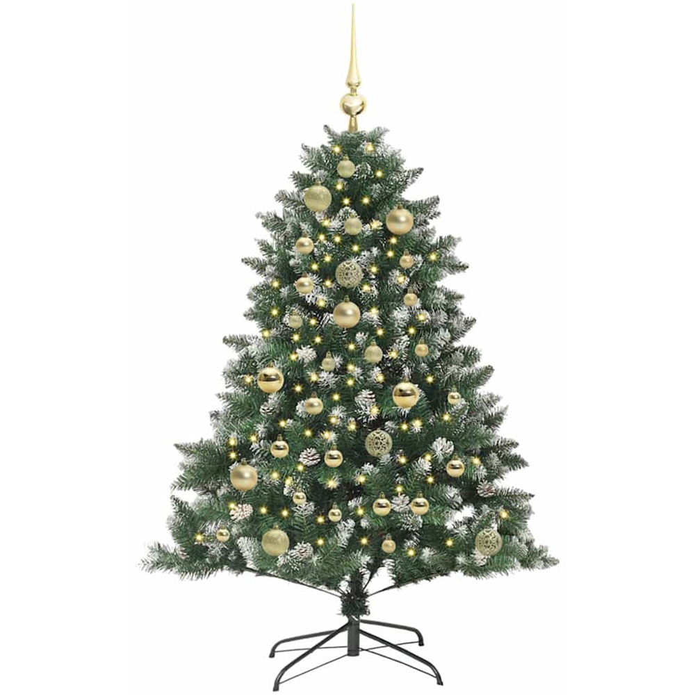 vidaXL Pre-Lit Gold Bauble Pinecones Green Snow Flocked Artificial Christmas Tree 4ft Image 1
