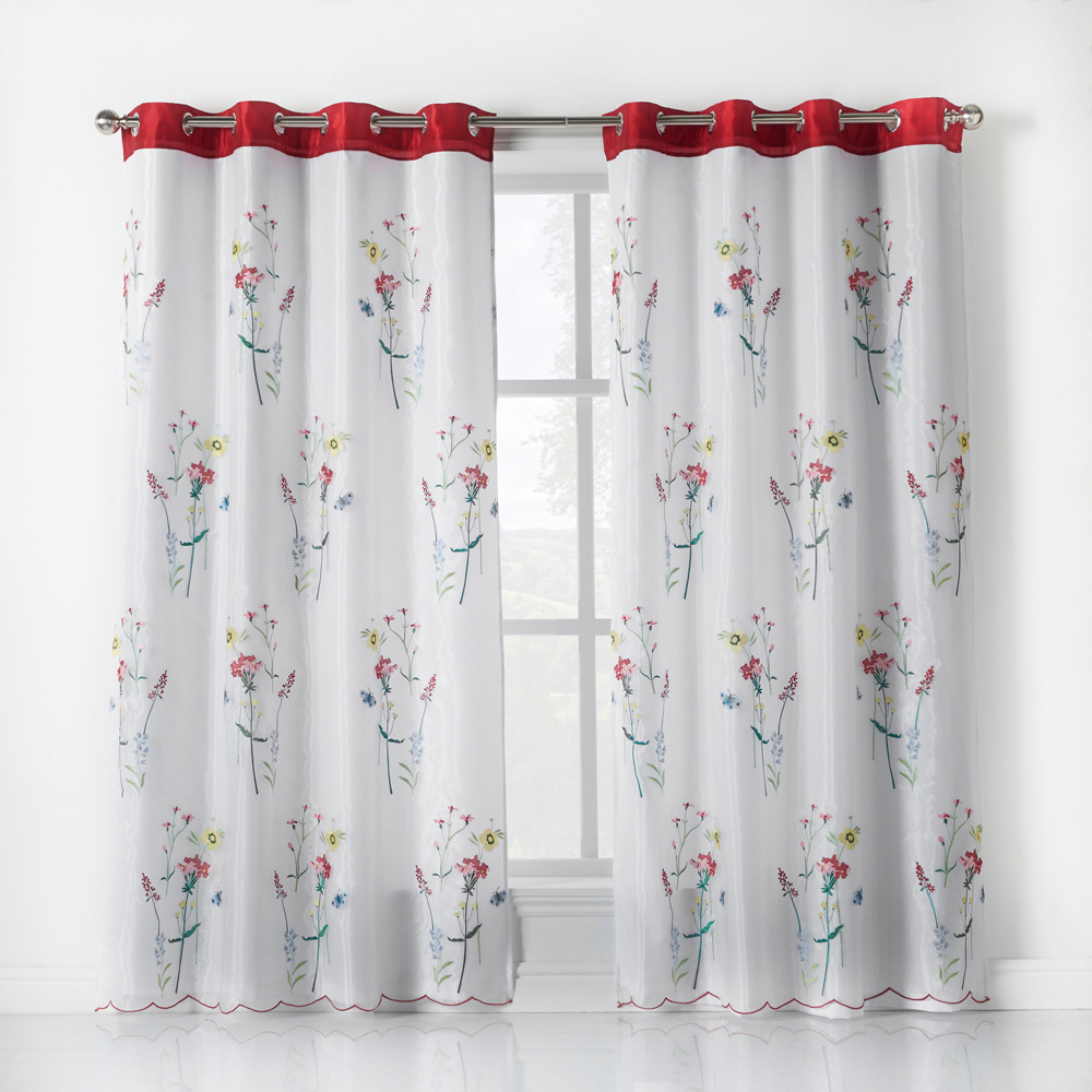 Alan Symonds Embroidered White and Red Floral Lined Ring Top Eyelet Voile Curtains 147 x 137cm Image 5