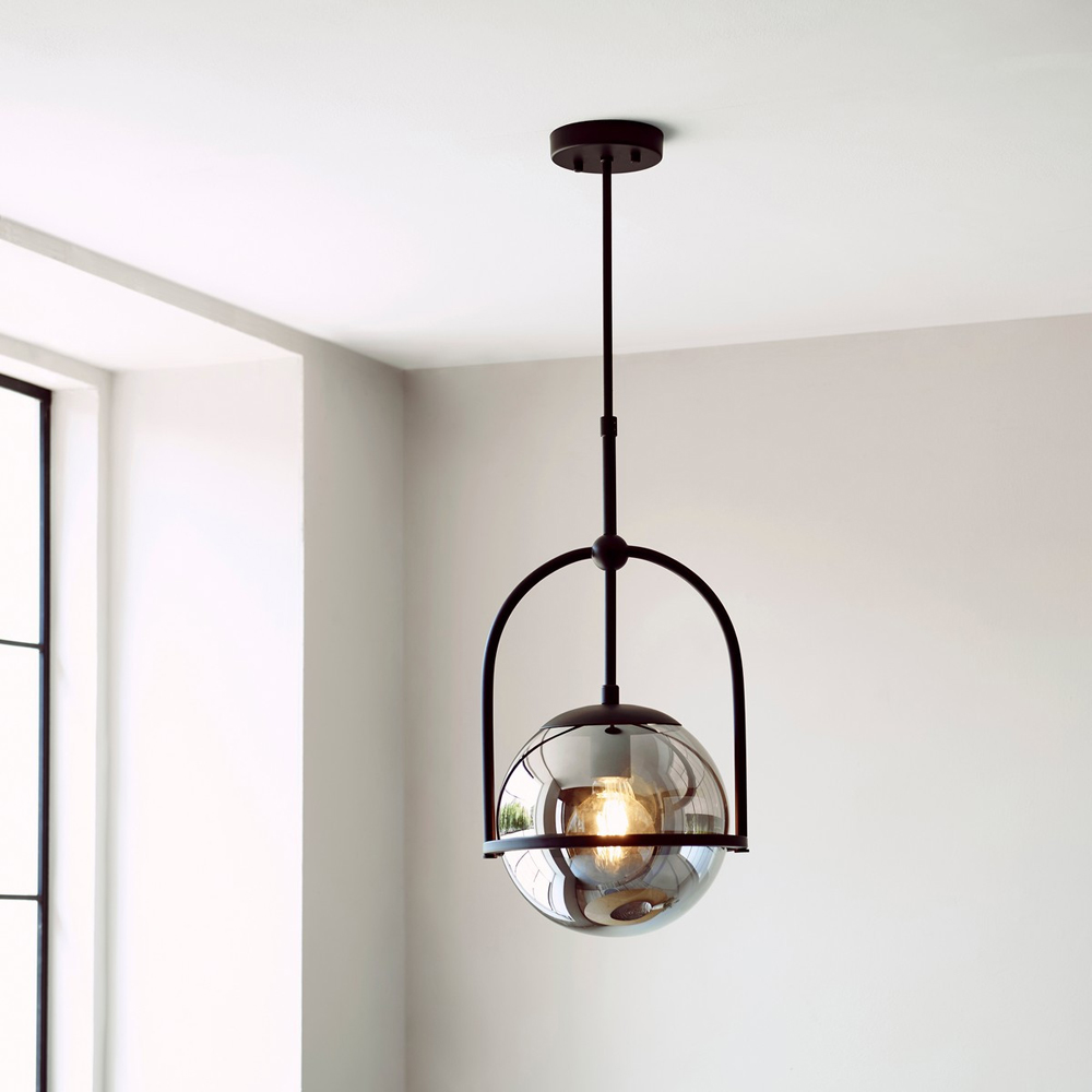 Merano Trieste Smoked Mirror Glass Matt Black Single Globe Pendant Ceiling Light Image 8
