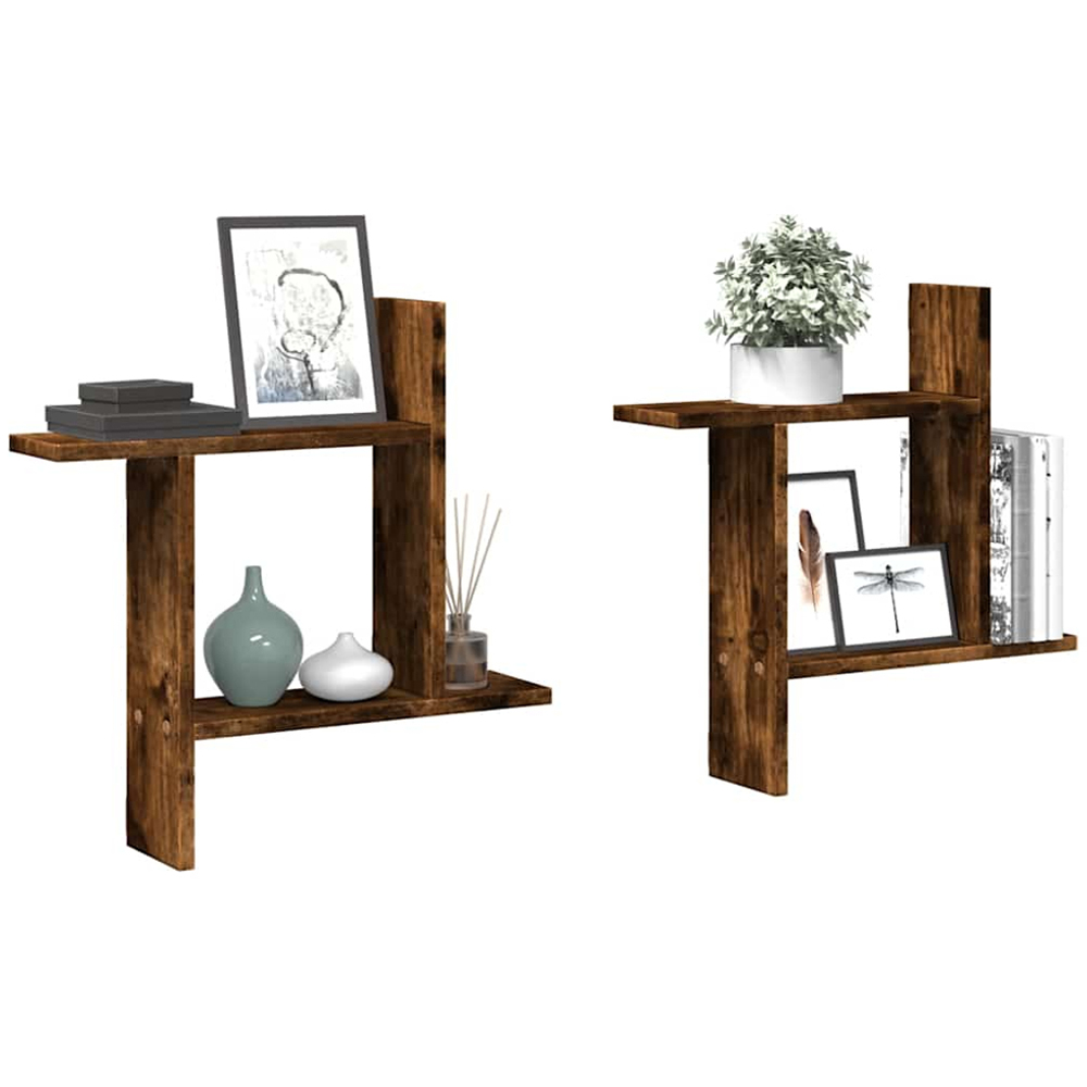 vidaXL 3 Shelf Smoked Oak Wall Shelf Set of 2 Image 3