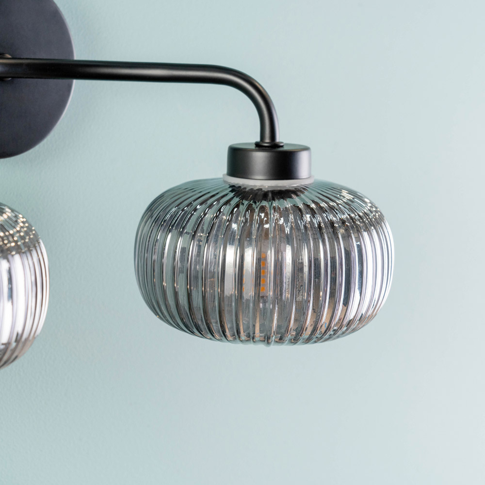 ValueLights Amaia Matt Black 2 Way Smoked Ribbed Glass LED Wall Light 2 Pack Image 4
