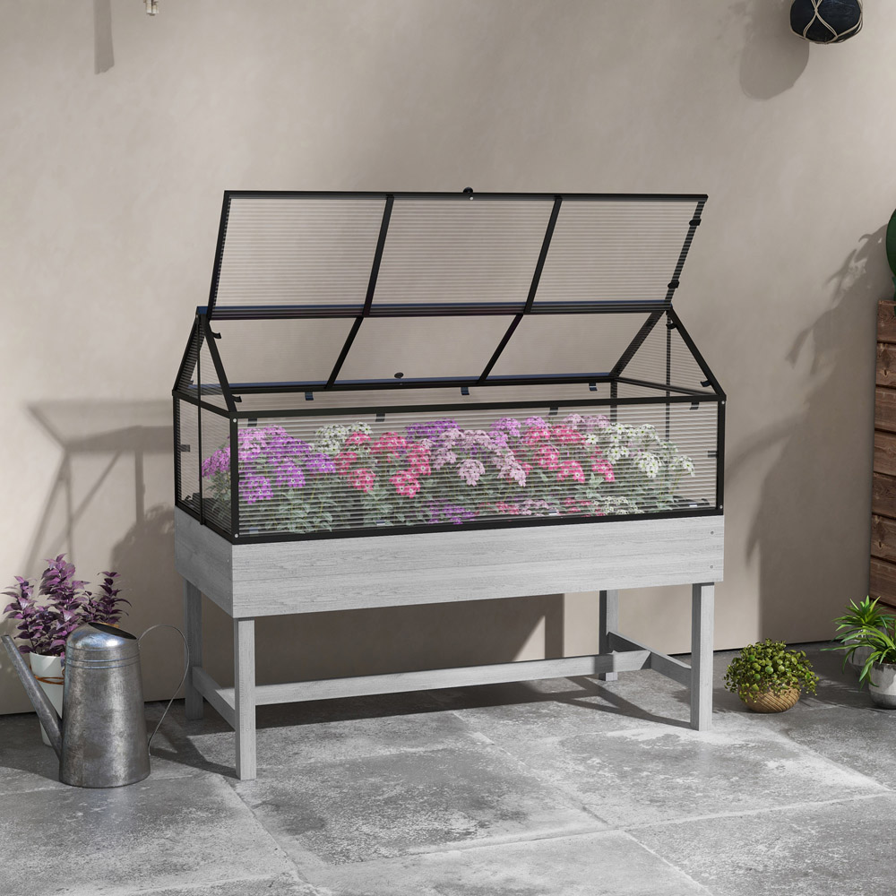 Outsunny Distressed Grey Elevated Wood Planter with Mini Greenhouse Raised Garden 120 x 60 x 103cm Image 2