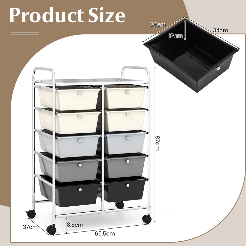 Costway 10 Drawer Black and White Storage Rolling Cart Image 7