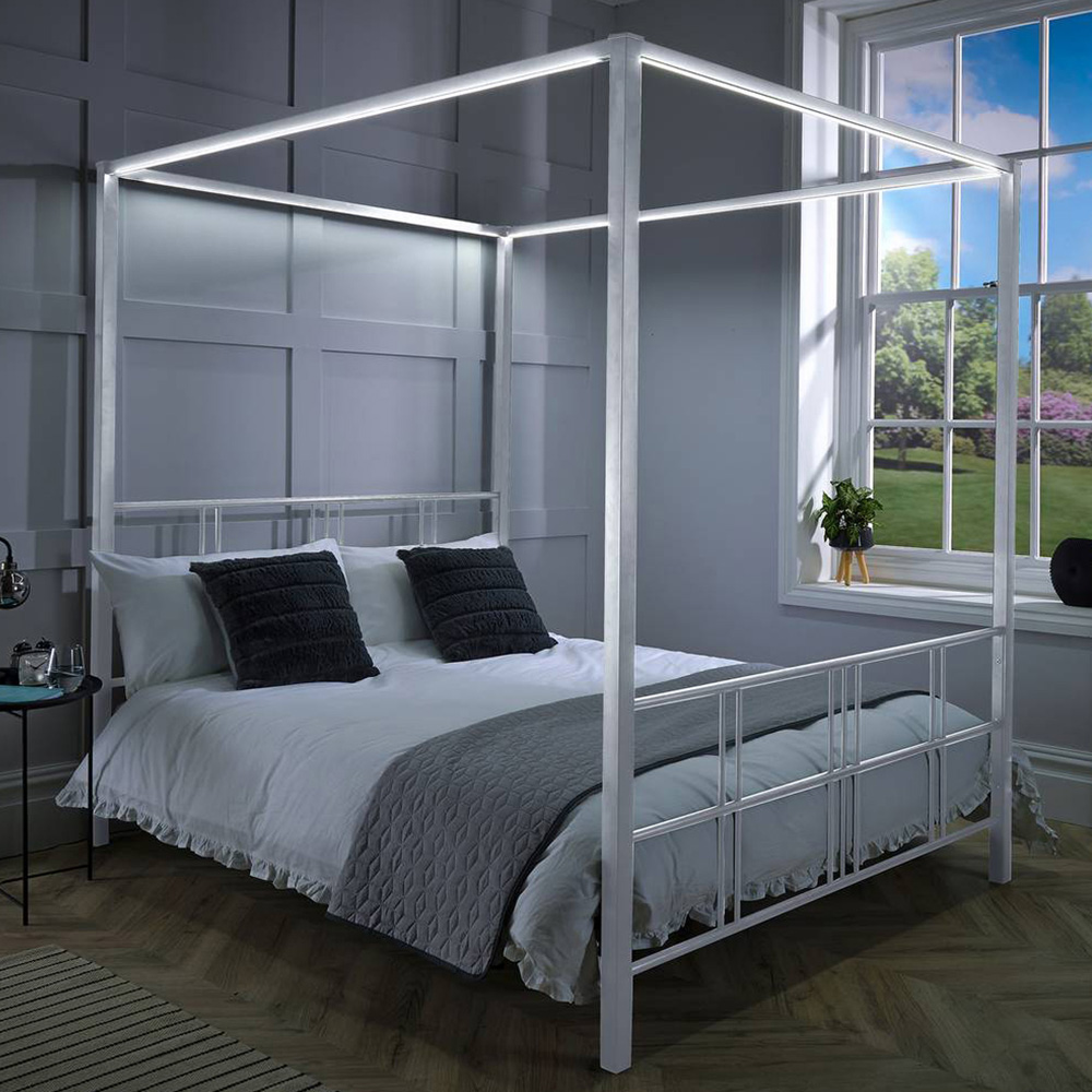 XR Living Fern Double White 4 Poster Bed with White Soft Glow LED Light Image 1