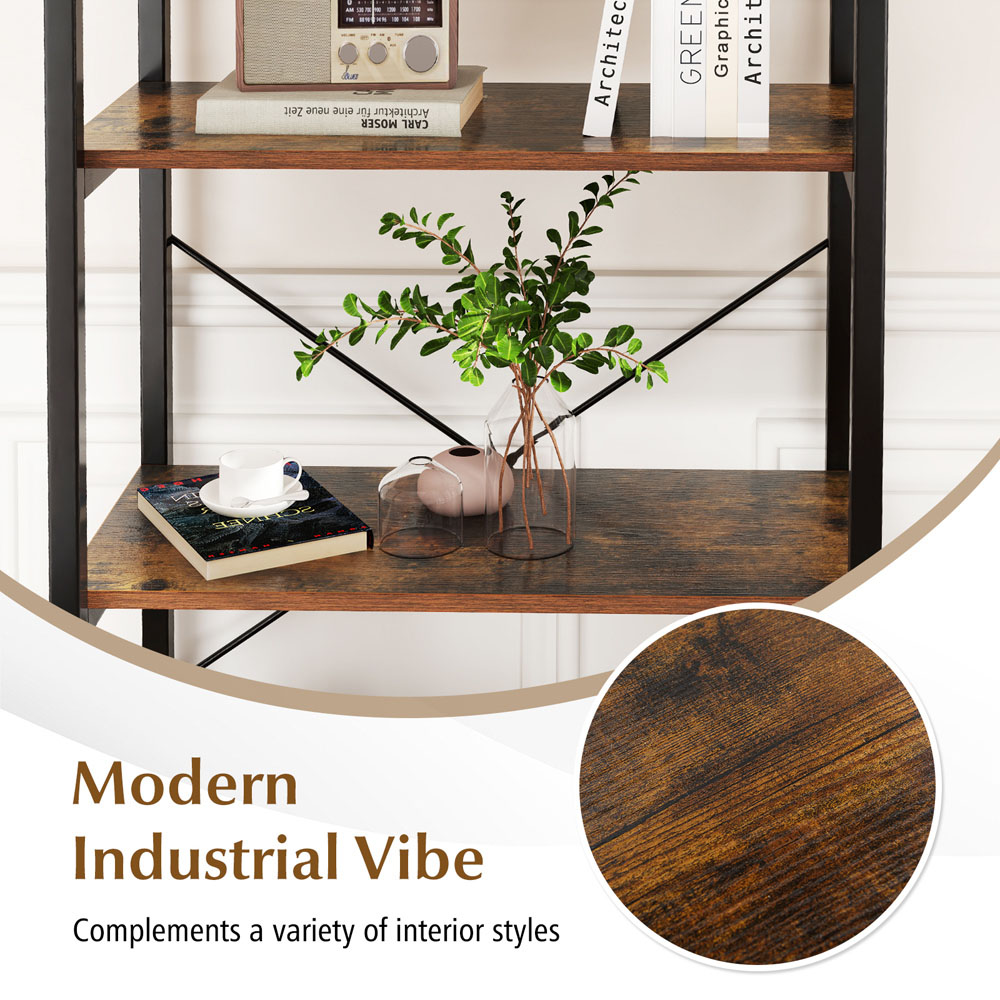 Costway 5 Tier Rustic Brown Metal Bookshelf Image 8