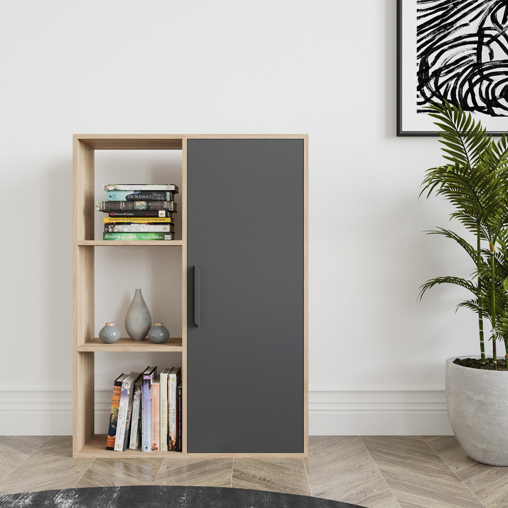Decorotika Patrick Single Door 3 Shelf Oak and Anthracite Bookcase Image 4