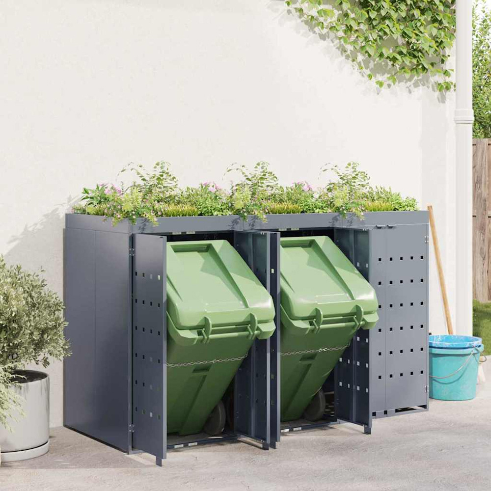vidaXL Light Grey 3 Wheelie Bin Storage Shed with Planter Roof Image 2