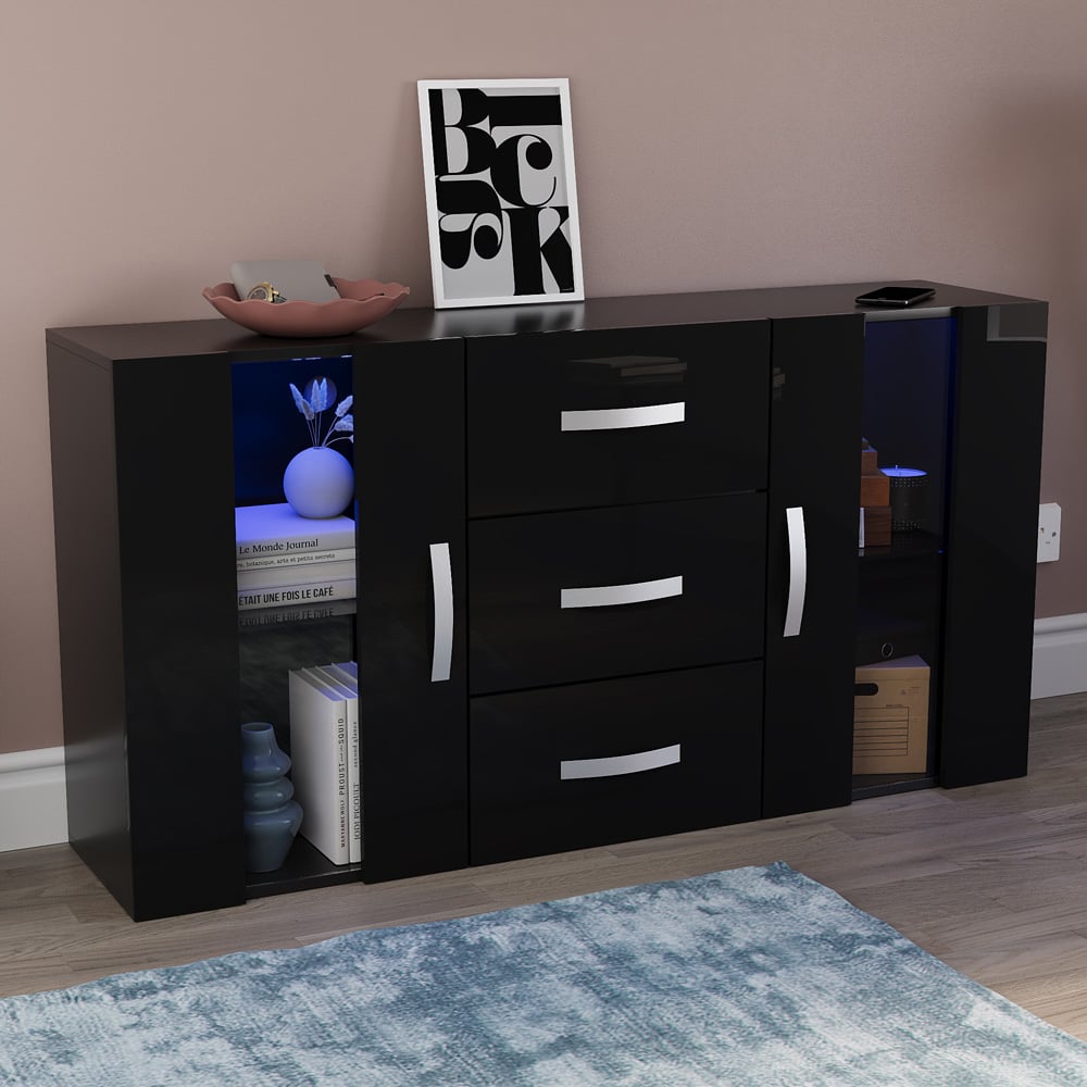 Vida Designs Astro 2 Door 3 Drawer Black LED Sideboard Image 1