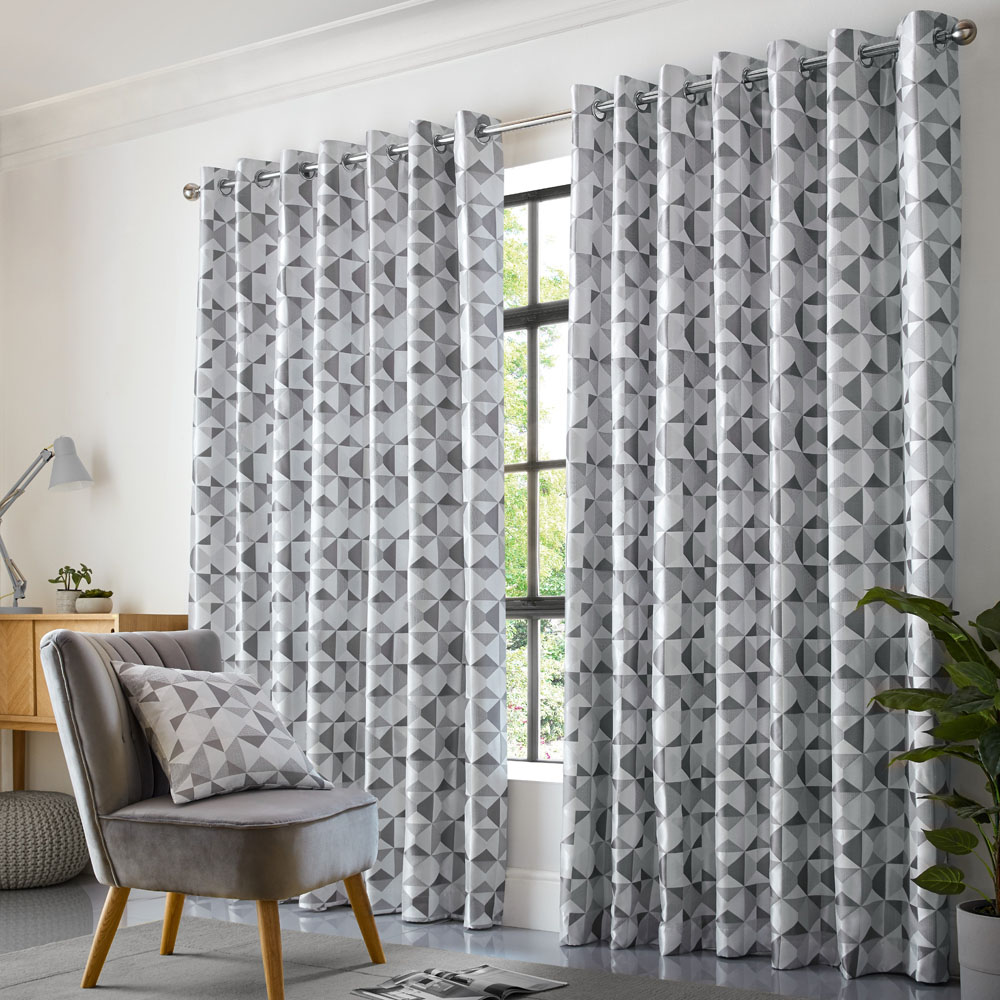 Alan Symonds Scandi Silver and Grey Jacquard Lined Ring Top Eyelet Curtains 167 x 183cm Image 1