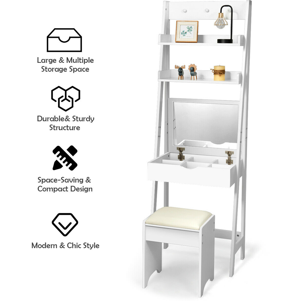 Costway 2 Shelf Ladder Dressing Table Set with Fold Up Mirror Image 7