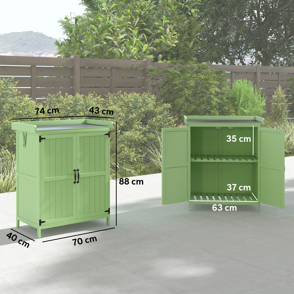 Outsunny 2.8 x 2.4ft 2 Shelf Light Green Wooden Garden Storage Shed with Hinged Roof Image 9