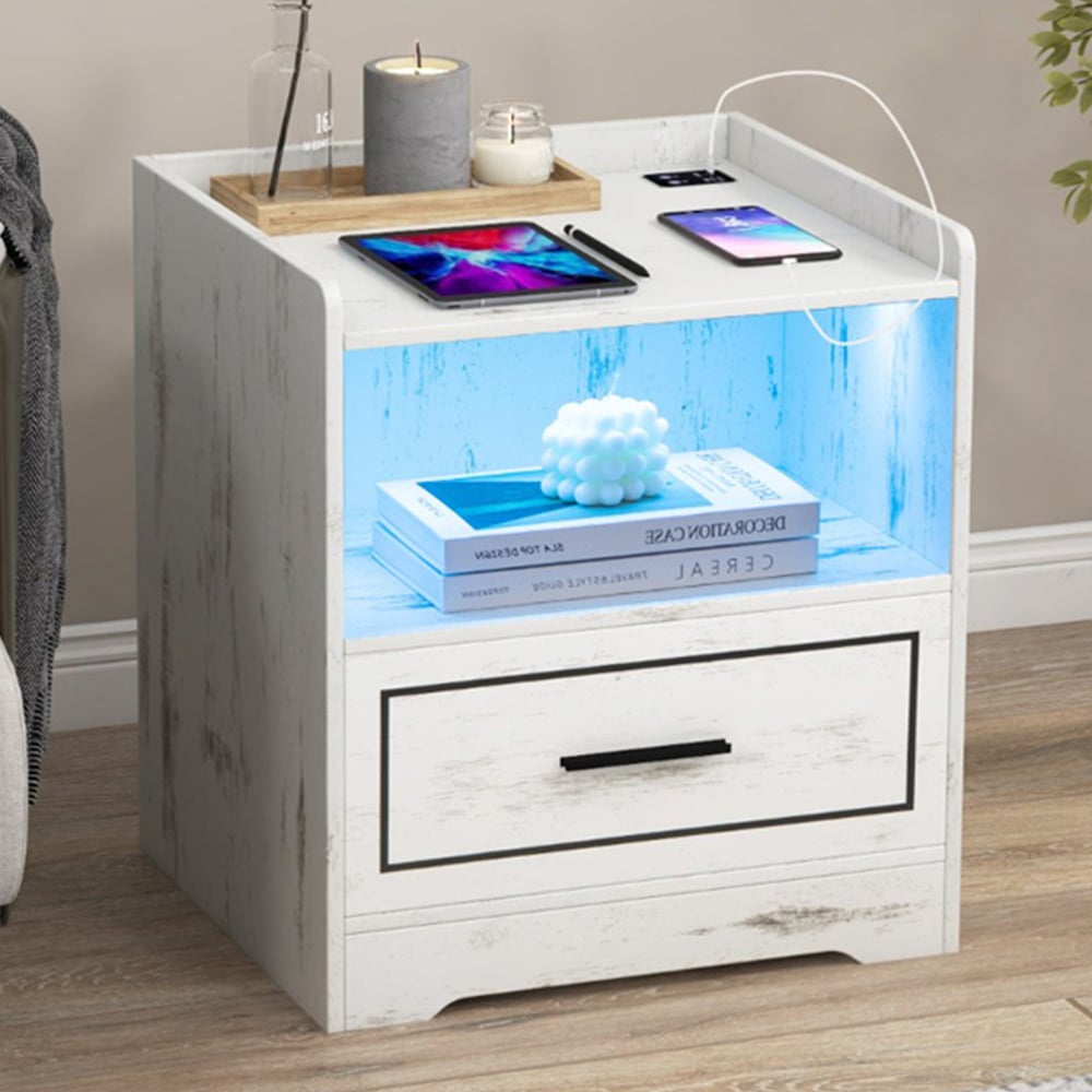 Costway White LED Nightstand with USB and Type-C Port Image 1