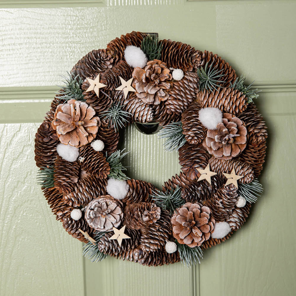 Samuel Alexander Frosted Wreath with Pine Cones and Wooden Stars 30cm Image 2