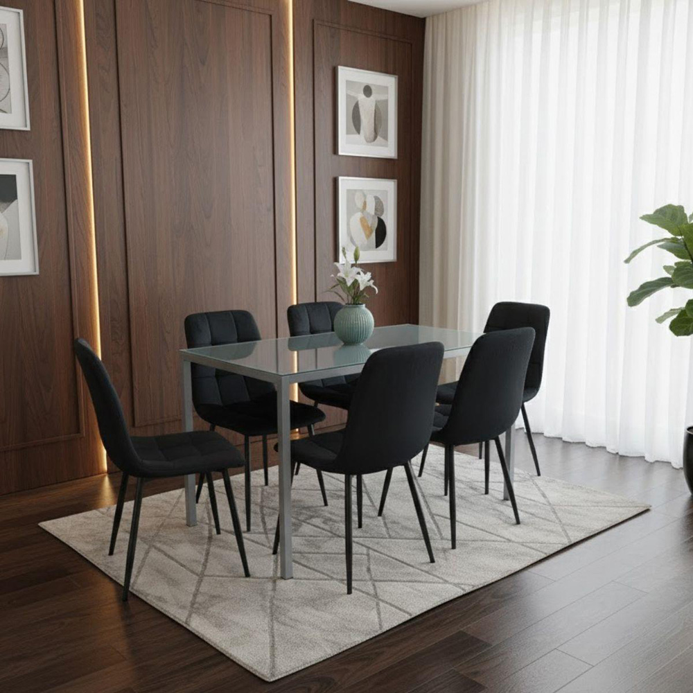 Kosy Koala 6 Seater Velvet Glass Rectangular Dining Set Grey and Black Image 2