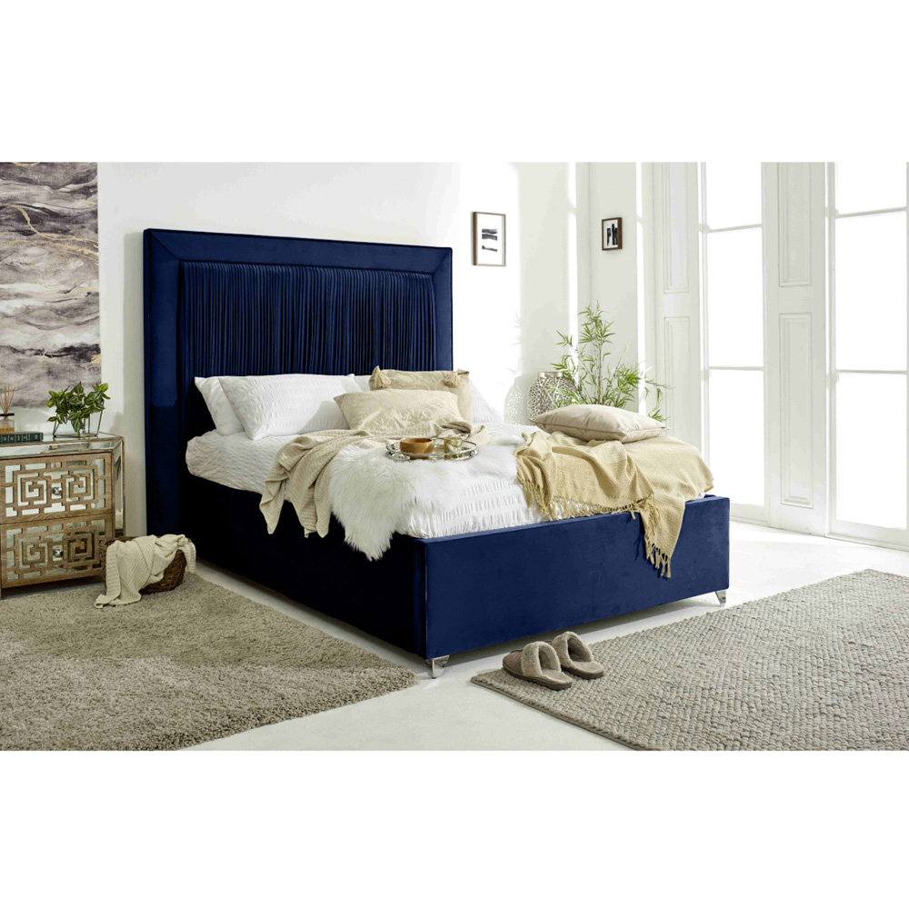 Eleganza Alexandra Single Blue Plush Velvet Bed Frame with Pleated Headboard Image 6