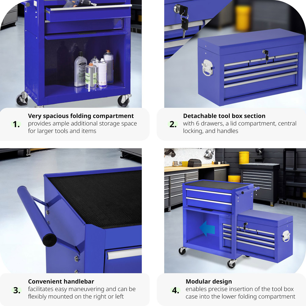 tectake 8 Drawer Blue Tool Chest of Drawers with Wheels Image 4