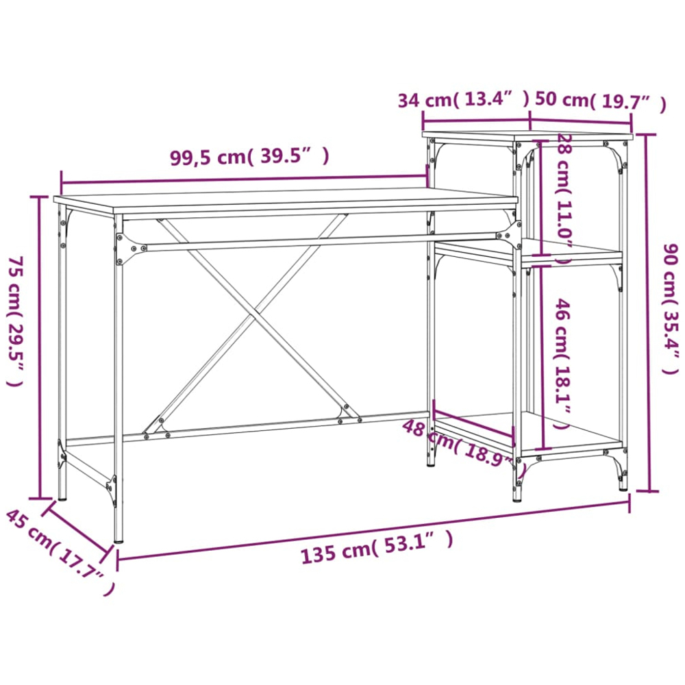 vidaXL 3 Shelf Desk Smoked Oak Image 9