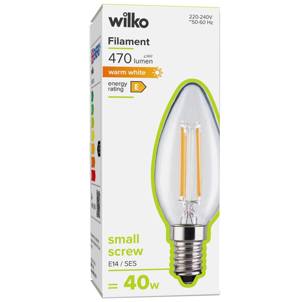 Wilko 1 Pack Small Screw E14/SES LED Filament 470 Lumens Candle Light Bulb Image 1