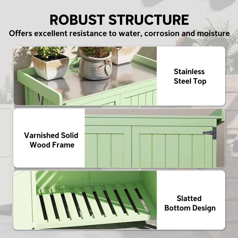 Outsunny 2.8 x 2.4ft 2 Shelf Light Green Wooden Garden Storage Shed with Hinged Roof Image 7