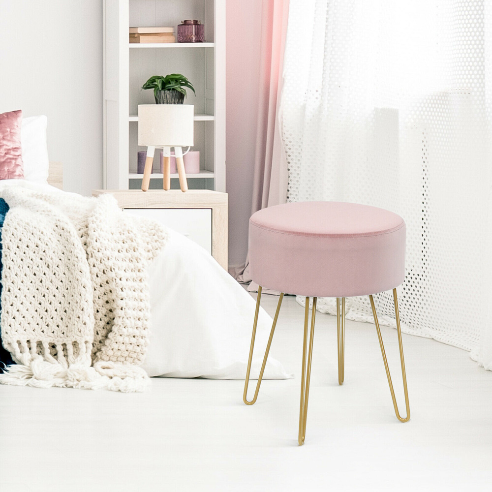 Costway Pink Velvet Round Footstool Image 5