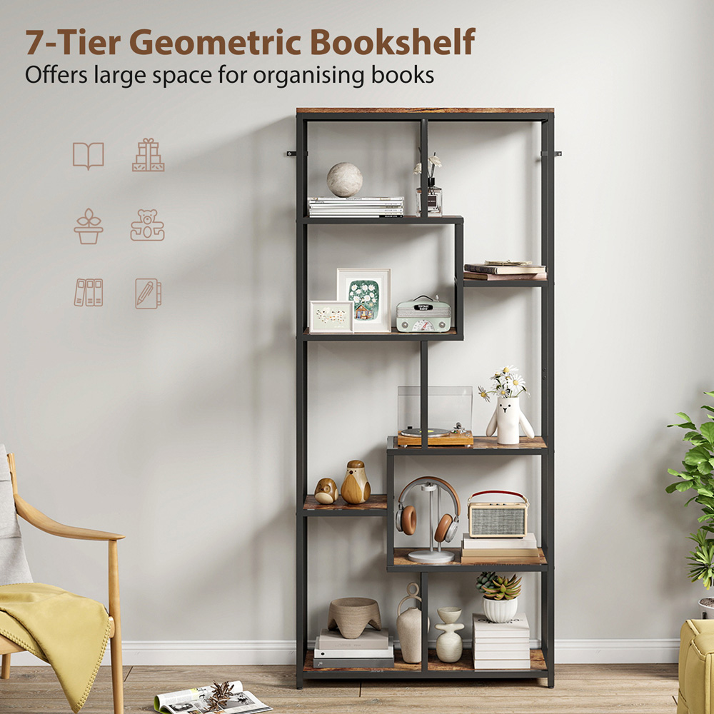 Portland 7 Shelf Rustic Brown and Black Industrial Bookcase Image 7