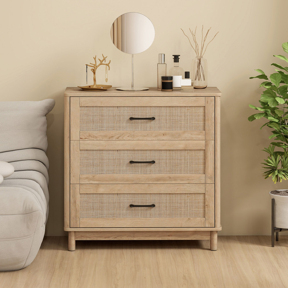 Portland 3 Drawer Oak Rattan Wide Chest of Drawers Image 4