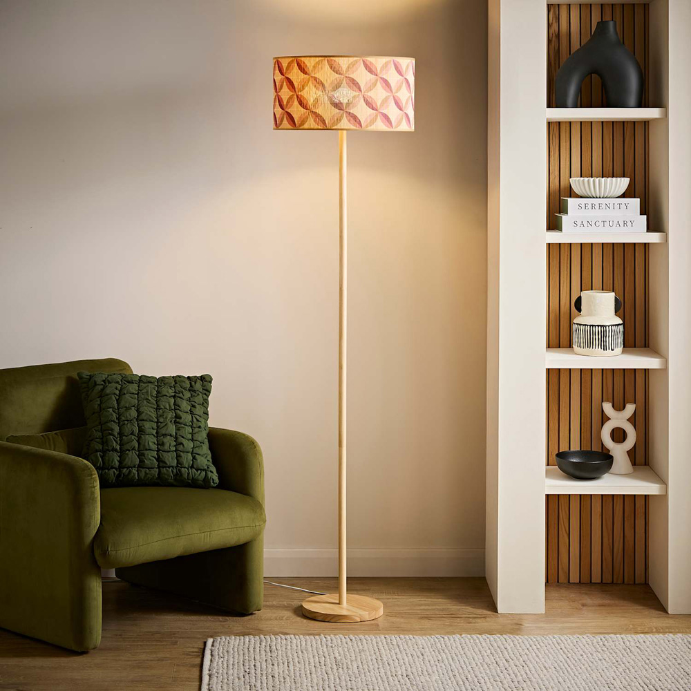 ValueLights Heather Geo Print Bamboo Drum Shade Light Wood Stem Floor Lamp with Bulb Image 6